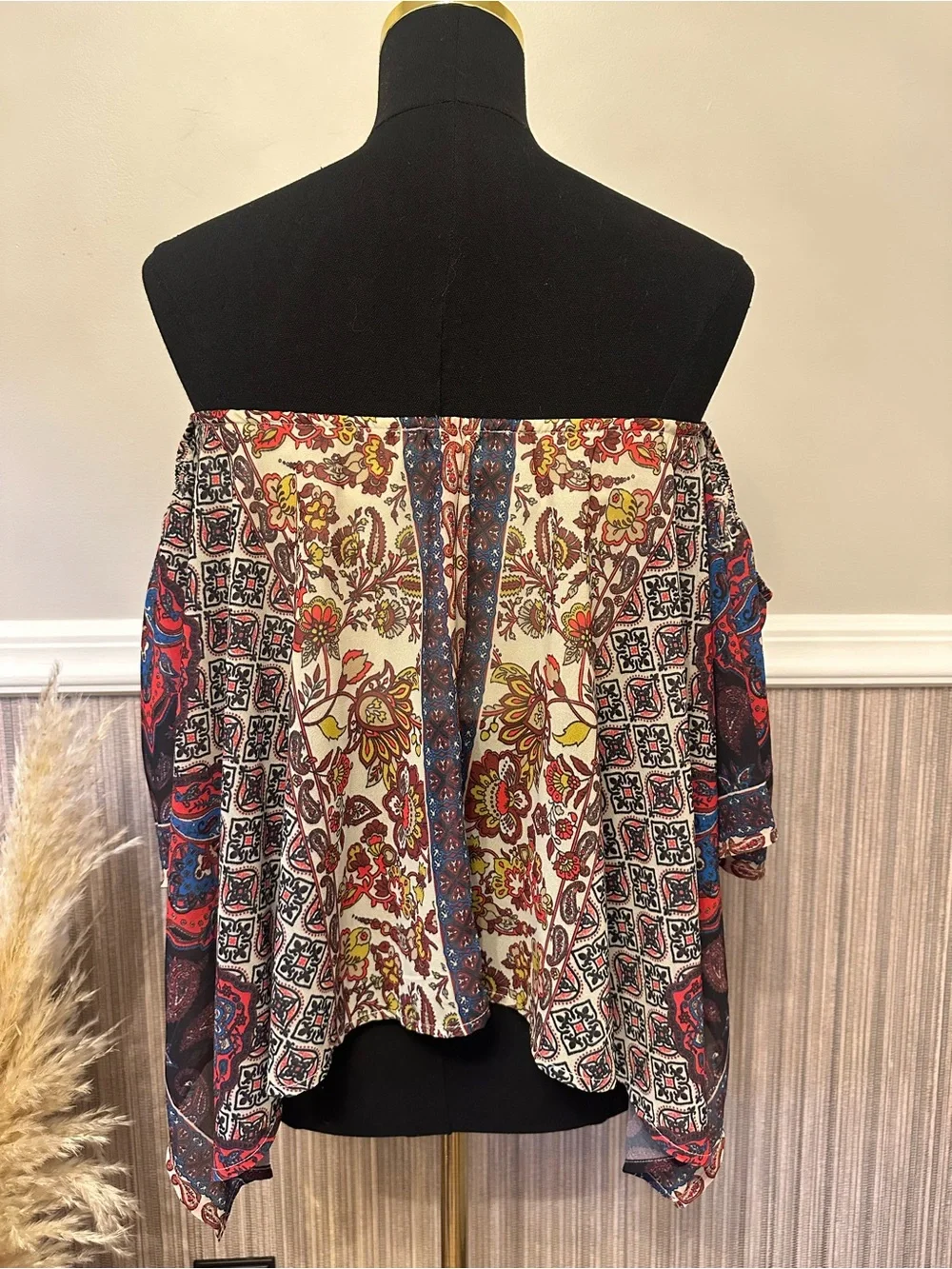 Flying Tomato Boho Paisley Off Shoulder Bell Sleeve Top SMALL